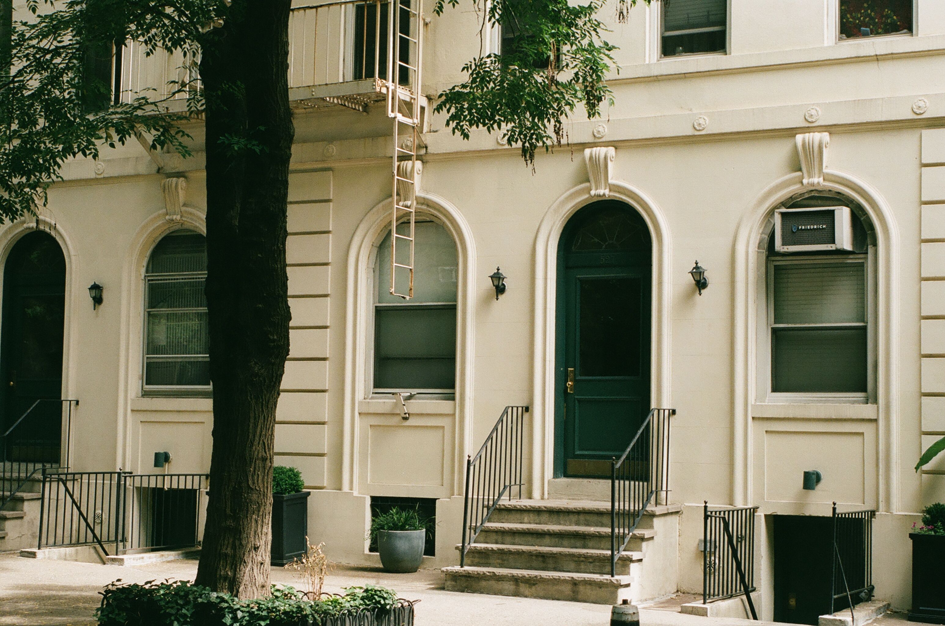 Row of residential entrances divided by a tree