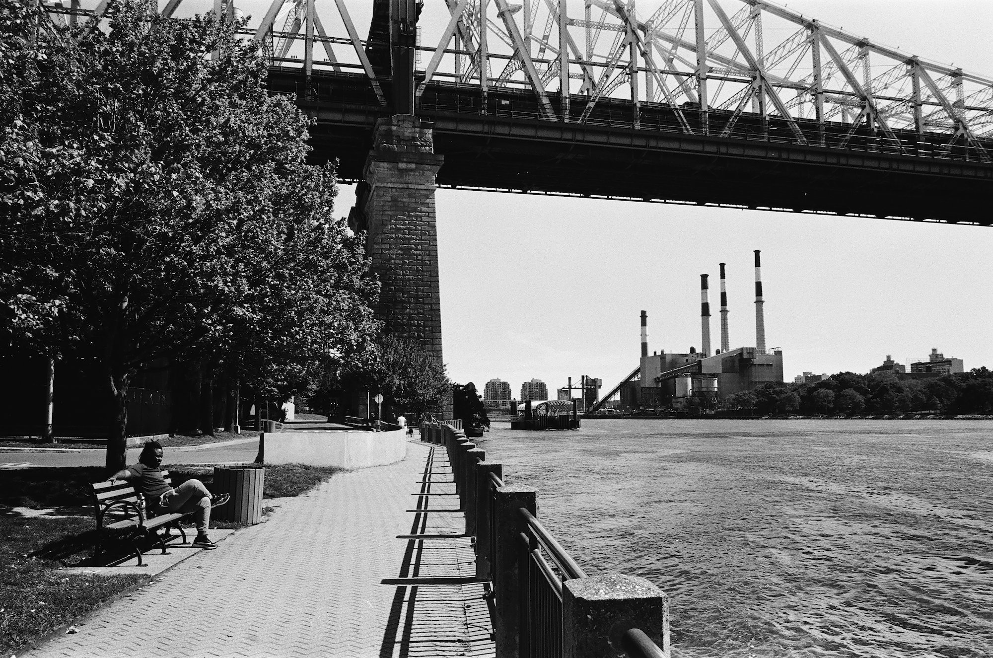 Queensboro Bridge and power plant across the river with a man seated in the foreground