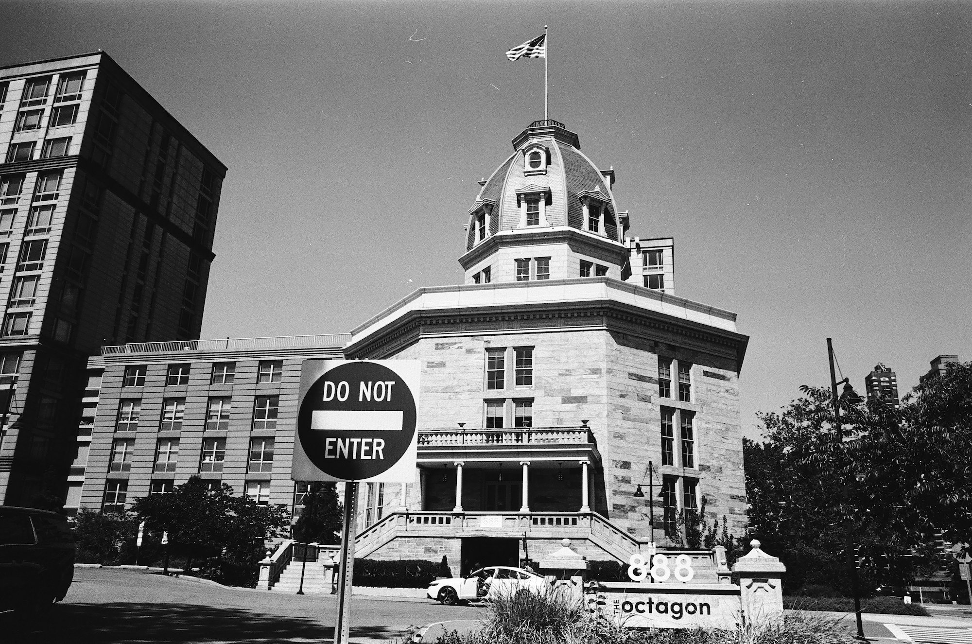 The Octagon building behind a Do Not Enter sign
